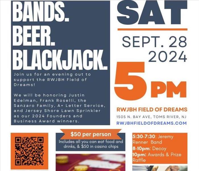 SERVPRO of Jackson/Lacey sponsorship flyer for Field of Dreams Bands. Beer. Blackjack. 2024 Flyer